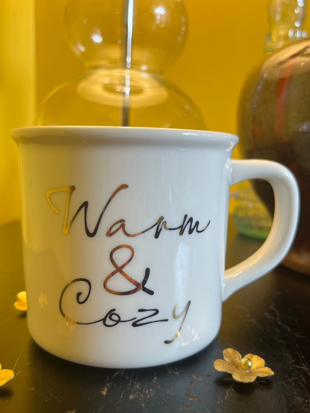 Pottery Barn White "Warm & Cozy" Mug white with gold lettering
